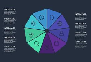 Circle dark infographic with 9 elements template for web on a black background, business, presentation. vector