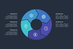 Circle dark infographic with 5 elements template for web on a black background, business, presentation. vector