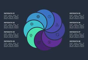 Circle dark infographic with 8 elements template for web on a black background, business, presentation. vector