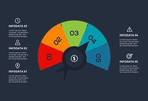 Creative dark infographic with 5 elements template for web on a black background, business, presentation. vector