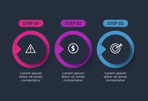 Creative dark infographic with 3 elements template for web on a black background, business, presentation. vector