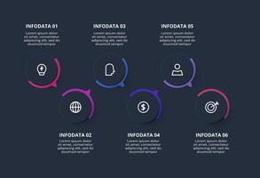 Creative dark infographic with 6 elements template for web on a black background, business, presentation. vector