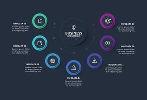 Creative dark infographic with 7 elements template for web on a black background, business, presentation. vector