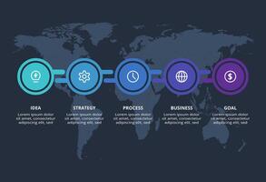 Creative dark infographic with 5 elements template for web on a black background, business, presentation. vector