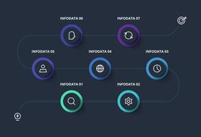 Creative dark infographic with 7 elements template for web on a black background, business, presentation. vector