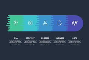 Creative dark infographic with 5 elements template for web on a black background, business, presentation. vector