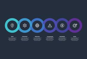 Creative dark infographic with 6 elements template for web on a black background, business, presentation. vector