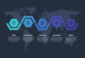Creative dark infographic with 5 elements template for web on a black background, business, presentation. vector