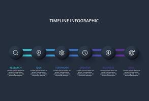 Creative dark infographic with 6 elements template for web on a black background, business, presentation. vector