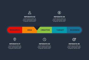 Creative dark infographic with 5 elements template for web on a black background, business, presentation. vector