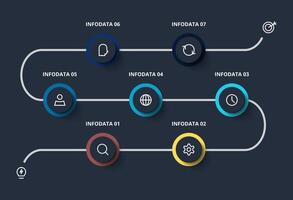 Creative dark infographic with 7 elements template for web on a black background, business, presentation. vector
