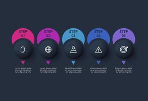 Creative dark infographic with 5 elements template for web on a black background, business, presentation. vector