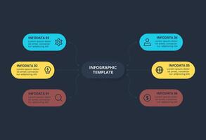 Creative dark infographic with 6 elements template for web on a black background, business, presentation. vector