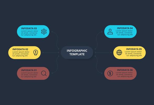 Creative dark infographic with 6 elements template for web on a black background, business, presentation.