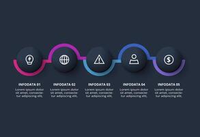 Creative dark infographic with 5 elements template for web on a black background, business, presentation. vector