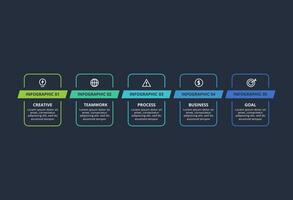 Creative dark infographic with 5 elements template for web on a black background, business, presentation. vector