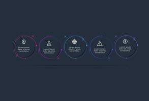 Creative dark infographic with 5 elements template for web on a black background, business, presentation. vector