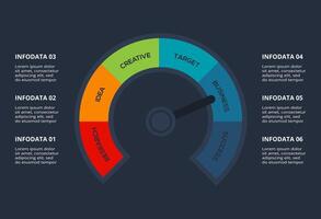 Creative dark infographic with 6 elements template for web on a black background, business, presentation. vector