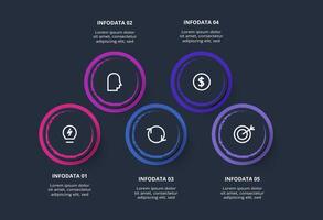 Creative dark infographic with 5 elements template for web on a black background, business, presentation. vector