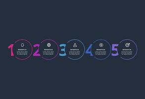 Creative dark infographic with 5 elements template for web on a black background, business, presentation. vector