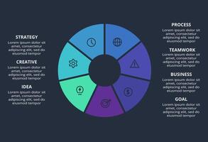 Circle dark infographic with 7 elements template for web on a black background, business, presentation. vector
