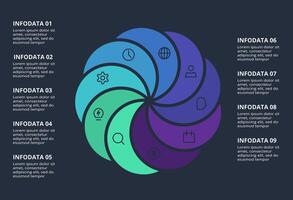 Circle dark infographic with 9 elements template for web on a black background, business, presentation. vector