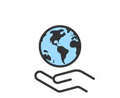 Hand holding planet earth linear icon, save the planet vector