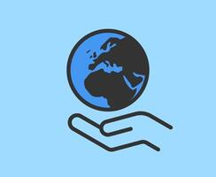 Hand holding planet earth linear icon, save the planet vector