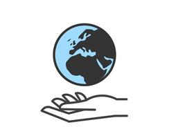 Hand holding planet earth linear icon, save the planet vector