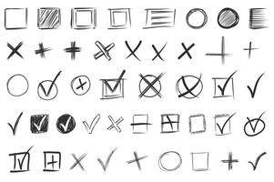 Hand drawn check marks mega set elements in flat graphic design. Bundle objects of black scribble pencil checkboxes, chalk tick and cross symbols in squares or circles forms. illustration. vector