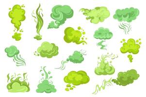 Smelly smoke mega set elements in flat graphic design. Bundle objects of green poison clouds with trails, toxic gas bubbles, cartoon bad stink, unpleasant smell vapour effect. illustration. vector