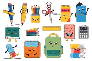 Mascot school supplies mega set elements in flat graphic design. Bundle objects of cute characters with funny faces on pen, ruler, scissors, notebook, books, pencils, other. illustration. vector