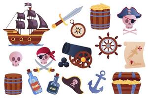 Pirate adventure mega set elements in flat graphic design. Bundle objects of ship, sword, compass, captain hats, map, treasure chest, bottle rum, barrel, skulls, anchor, other. illustration. vector