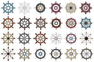 Wooden vintage steering wheels set elements in flat graphic design. Bundle objects of different colors captain ship navigator wheels, retro nautical rudders and navigation symbol. illustration. vector