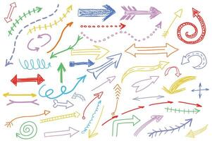 Hand drawn charcoal pencil arrows mega set elements in flat graphic design. Bundle objects of colorful brush drawn pointers, scribble cursors, scratch sketch of motion markers. illustration. vector