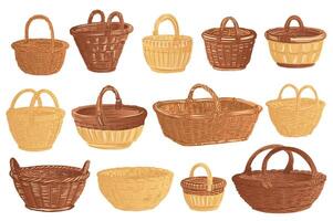 Cartoon handmade baskets mega set elements in flat graphic design. Bundle objects of brown wicker rattan containers with handles, handcraft straw hampers, braided rural basketry. illustration. vector