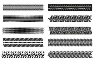 Tire tracks mega set elements in flat graphic design. Bundle objects of black machinery protectors prints with different patterns, automobile road trail texture, vehicle stamps. illustration. vector