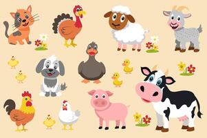 Cute farm animals mega set elements in flat graphic design. Bundle objects of funny cat, turkey, sheep, goat, chicks with chicken and rooster, dog, duck with duckling, cow, pig. illustration. vector
