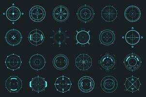 HUD target pointer mega set elements in flat graphic design. Bundle objects of futuristic user interface with radars and dashboard infographic, military visual navigation system. illustration. vector