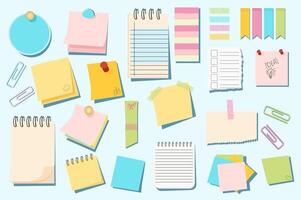 Cartoon sticky notes mega set elements in flat graphic design. Bundle objects of circle or square paper pages with pins, torn notepad sheets, to do lists, memo message reminders. illustration. vector