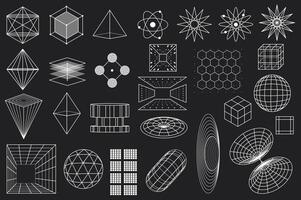 3D cyberpunk grid y2k wireframe icon mega set elements in flat graphic design. Bundle objects of futuristic geometric shape with cubes, perspective grids, tunnels, atoms, other. illustration. vector