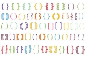 Shaded text brackets mega set elements in flat graphic design. Bundle objects of colorful scribble parenthesis, calligraphic quote frames with ornaments, doodle lettering frames. illustration. vector