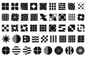 Brutalist geometric shape mega set elements in flat graphic design. Bundle objects of black square or circle symbols with abstract patterns and decorative bauhaus style prints. illustration. vector