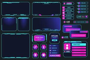 Game stream frames mega set elements in flat graphic design. Bundle objects of neon colors streaming interface elements, bars and buttons, player menu, user panel templates. illustration. vector