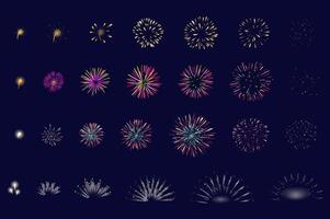 Firework animation mega set elements in flat graphic design. Bundle objects of different salute explosion in sequence action, glow pyrotechnic burst with sparkling step by step. illustration. vector