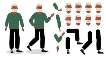 A collection of character design elements featuring a walking elderly man with various expressions vector
