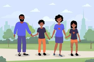 Family enjoying a sunny day in the park while holding hands and smiling together vector