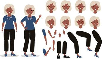 Character design featuring a cheerful older woman in casual attire with multiple expressions vector