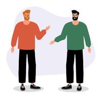 Two men greeting each other with friendly gestures in a bright, minimalist setting vector