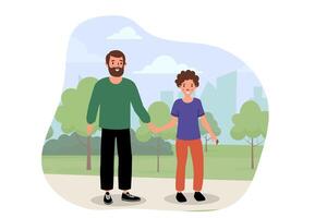 A father and son enjoying quality time while holding hands in a city park during the afternoon vector